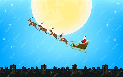 Premium Vector Santa Claus Flying In Reindeer Sleigh Silhouette Background With Full Moon And