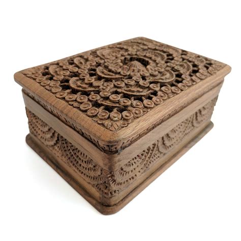 Hand Crafted Walnut Wood Box With Intricate Carvings