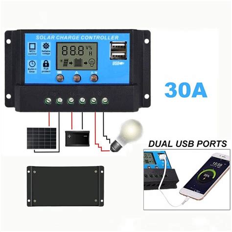 30A 12V 24V Auto Work PWM Charge Controller With LCD Dual USB 5V