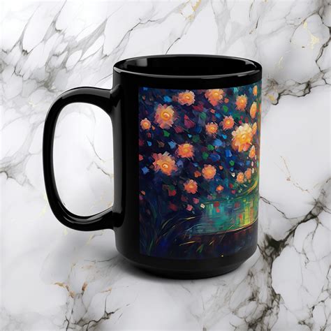 Peacock Black Mug 15oz Coffee Van Gogh Inspired Coffee Mug Flowers Bird