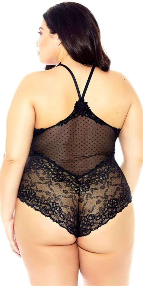 Plus Size Black Lace Mesh Teddy With Deep V Neck Women S Lingerie