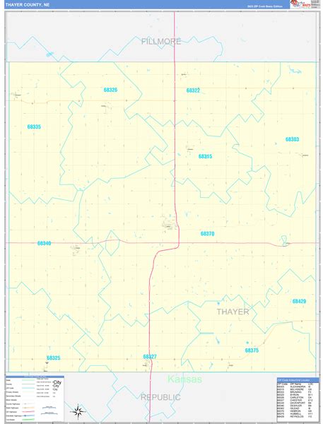 Thayer County, NE Zip Code Wall Map Basic Style by MarketMAPS - MapSales