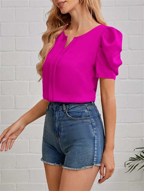 Shein Clasi Blusa De Cuello De Muesca De Manga Farol Con Costura