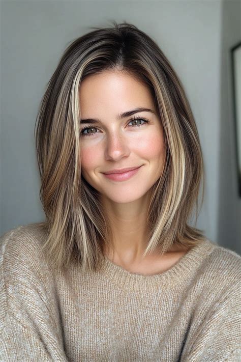 2 Layered Lob With Subtle Blonde Balayage Straight Hairstyles For Women Straight Hairstyles