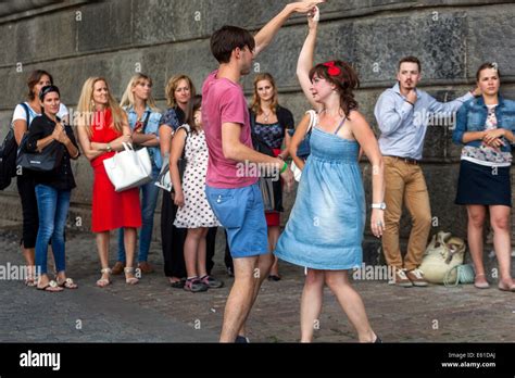 Prague people dancing on Naplavka Waterfront, Prague, Czech Republic ...