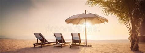 Two Beach Chair And Umbrella On Beautiful Beach On Sunset Travel