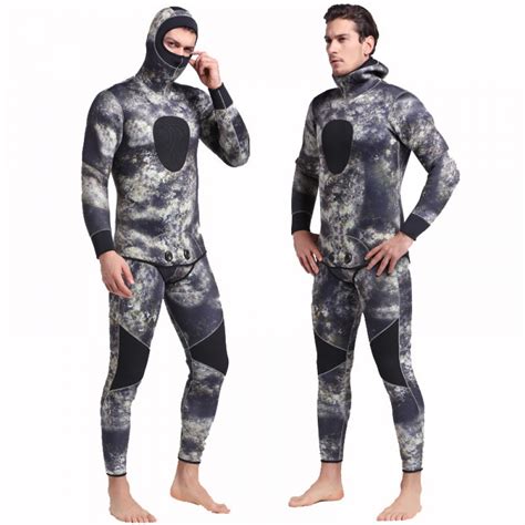 2pcs 5mm Mens Camouflage Hooded Fullsuit Keep Warm Wetsuit Rash Guard