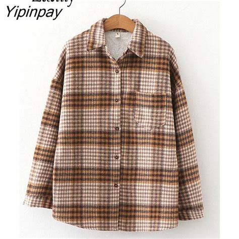 Yipinpay Casual Korean Style Long Sleeve Plaid Wool Liner Shirt Women