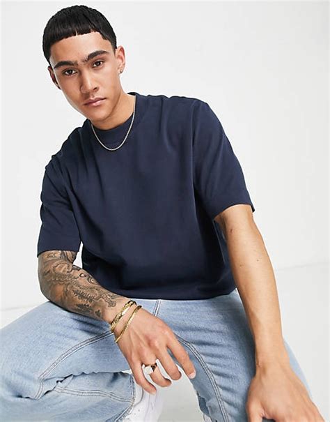 Asos Design Heavyweight Oversized T Shirt In Brushed Cotton In Navy Asos