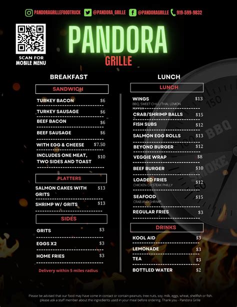 Pandora Grille Menu