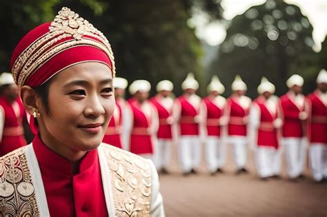 Un Hombre Con Un Vestido De Novia Tradicional Se Para Frente A Un Grupo