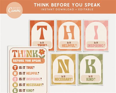 Editable Think Classroom Printable Posters Think Before You Speak Retro Canva Classroom Decor