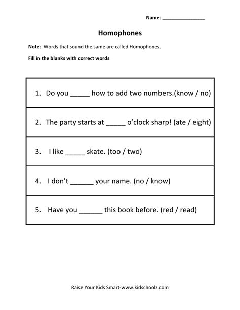 Homophones For Rd Grade Worksheets