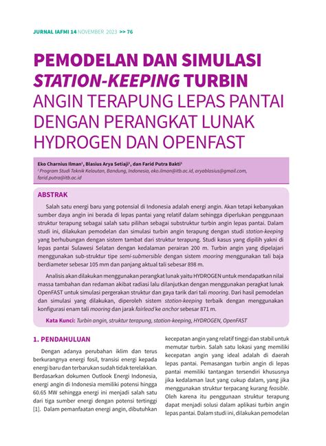 Pdf Pemodelan Dan Simulasi Station Keeping Turbin Angin Terapung