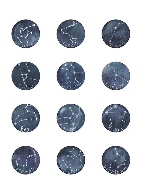 Premium Vector Set Of Round White Constellations Zodiac Signs With Lettering On Watercolor