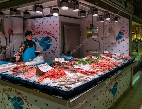 Alicante Spain February Female Fishmonger And Market Stall