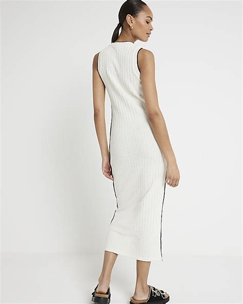 Cream Knit Taped Bodycon Midi Dress River Island