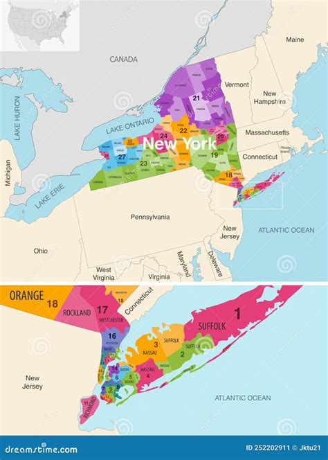 New York State Counties Colored By Congressional Districts Vector Map