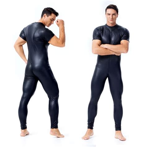 3XL Men's Faux Leather One Piece Skin Bodysuit Jumpsuit Sexy Open ...