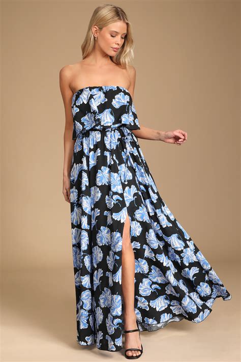 Black Floral Print Dress Strapless Maxi Dress Summer Dress Lulus