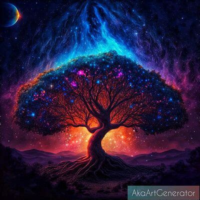 A Painting Of A Tree With Colorful Lights In The Sky And Stars On Its