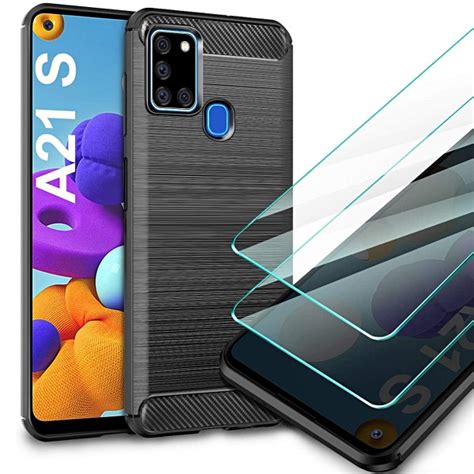 Cover For Samsung Galaxy A21s Original Case Carbon Case Tempered Glass