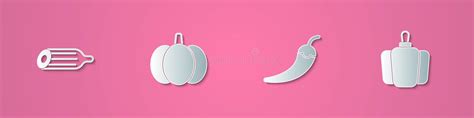 Set Paper Cut Fresh Cucumber Pumpkin Hot Chili Pepper Pod And Bell Icon Paper Art Style Stock