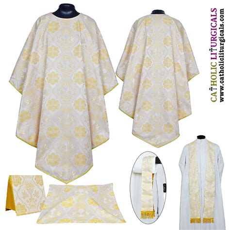 White Pugin Style Gothic Vestment Mass Set White With Gold Pugin