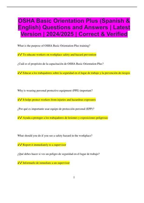 OSHA Basic Orientation Plus (Spanish & English) Questions and Answers