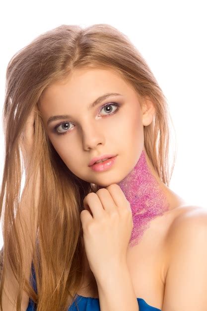 Premium Photo Glorious Blonde Model With Creative Makeup Posing At Studio Over A White Background