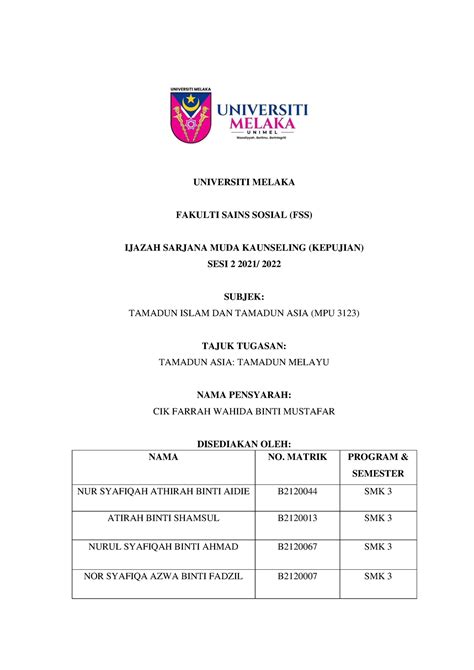 Titas Tamadun Melayu UNIVERSITI MELAKA FAKULTI SAINS SOSIAL FSS