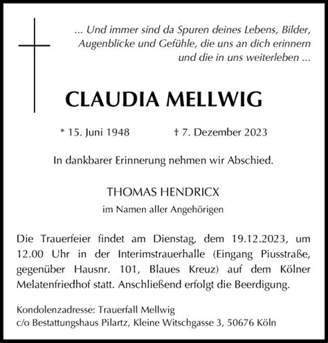 Traueranzeigen Von Claudia Mellwig Wirtrauern