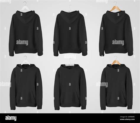 Black hoodie template with pocket on a wooden, fabric hanger, blank ...