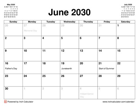 June 2030 Calendar - Inch Calculator