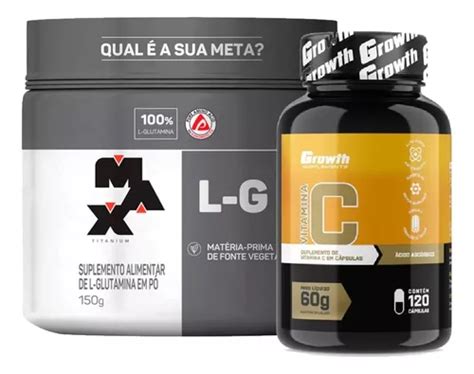 Kit Glutamina 150g Max Titanium Vitamina C 120 Caps Growth Frete grátis