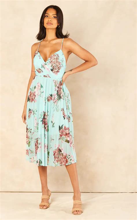 Floral Print Pleated Wrap Body Midi Dress Mint Urban Touch Silkfred Us