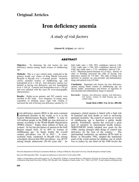 Pdf Iron Deficiency Anemia A Study Of Risk Factors