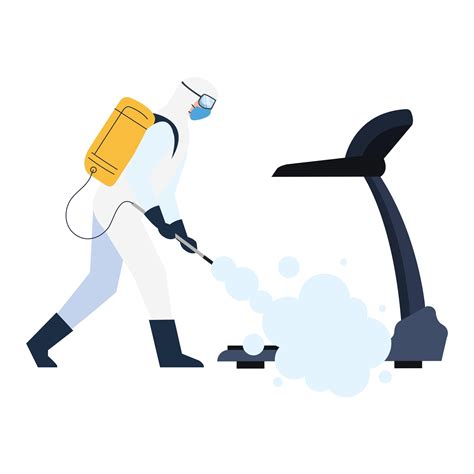 Person im Schutzanzug oder in der Schutzkleidung, zur Reinigung sprühen