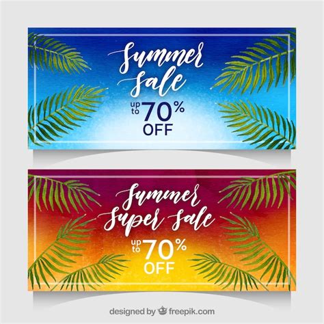 Banners De Venta De Verano Con Plantas En Estilo Acuarela Vector Gratis