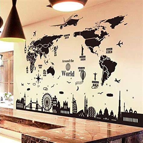 LXHLXN Carte du Monde Stickers Muraux DIY Europe Style Bâtiments Mur