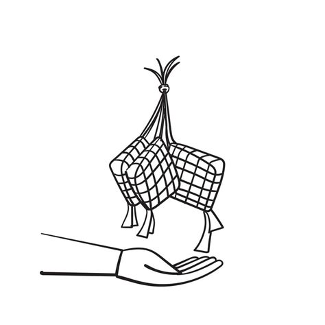 Hand Drawn Doodle Hand Holding Ketupat Traditional Muslim Food