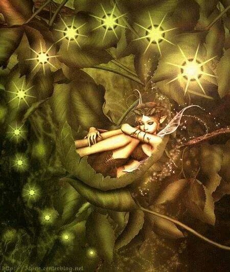 A Painting Of A Woman Laying On Top Of A Leafy Tree With Stars In The