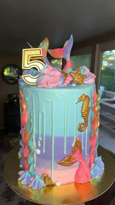 Mermaid 5th Birthday Drip Cake In 2022 Mermaid Birthday Cakes 5th Birthday Cake Birthday