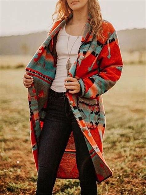 Women Coat Blanket Color Block Boho Patchwork Knitted Knit Outerwear