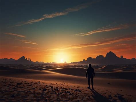 A Man Walks Through The Desert With The Sun Setting Behind Him