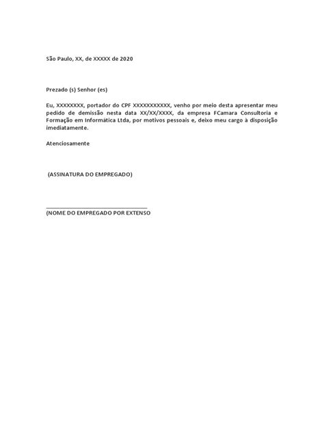 Modelo De Carta De Demissão Empregado Sem Aviso Pdf