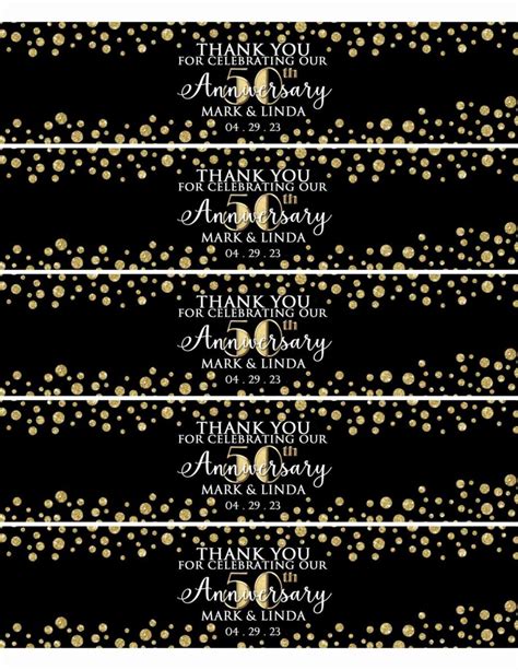 New Black And Gold 50th Anniversary Water Bottle Wrapper Custom Water Bottle Label Printable