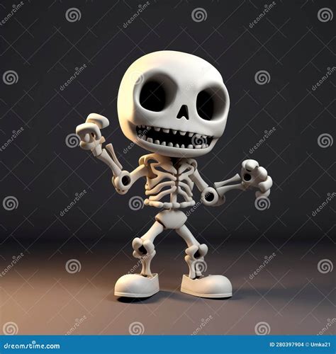 Cute Dancing White Skeleton with a Big Head in Cartoon Style, on a Dark ...