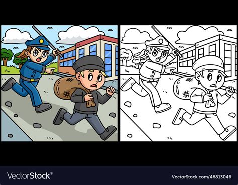 Policewoman Chasing Thief Coloring Page A Cute And Funny Coloring Page