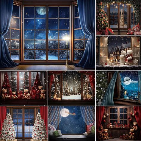 Avezano Christmas Background Night Window Starry Sky Xmas Tree Indoor